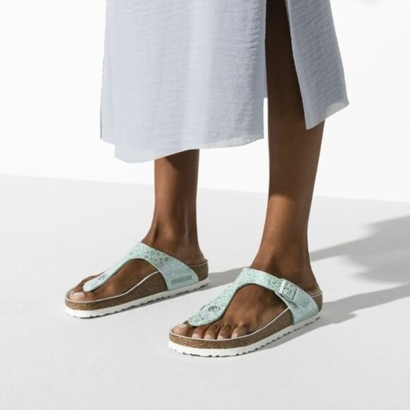 Birkenstock Gizeh Birko-Flor Metallic Stones Aqua Thong Sandals Size 39 Wide - Picture 1 of 14